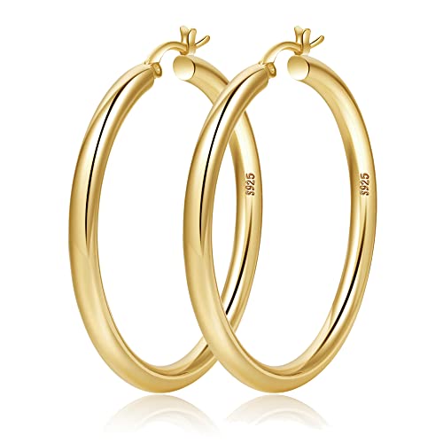 4mm Thick Gold Chunky Earrings Steling Silver Post Hoops Earrings For Women Hollow Tube Hoops Earrings Thick Golden Hoop Earrings Hypoallergenic Lightweight Gold Hoop Large Earrings 20/30/40/50/60MM