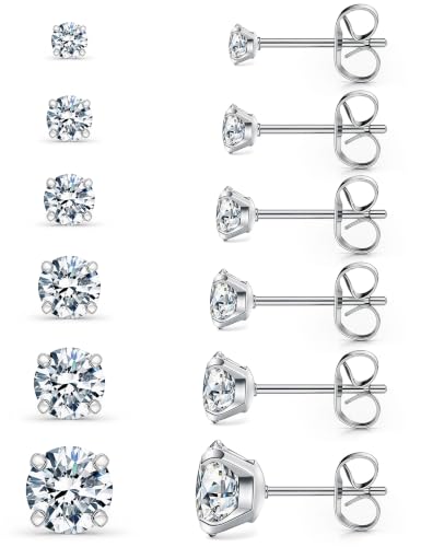 6 Pairs Stud Earrings Set, Hypoallergenic Cubic Zirconia 316L Earrings Stainless Steel CZ Earrings 3-8mm (Steel color)