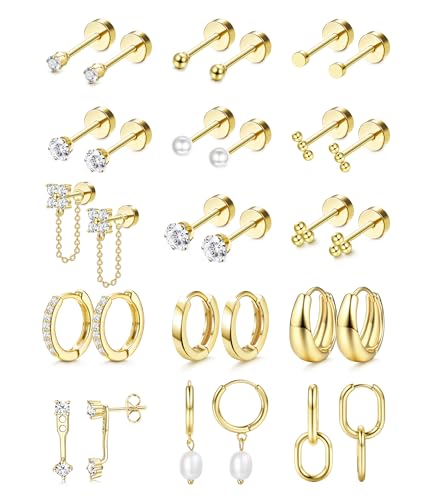 LOLIAS Flat Back Earrings for Women Hypoallergenic Surgical Steel Earrings for Sensitive Ears-20G Cartilage Earring Stacks 14K Gold Plated Hoops Flatback Stud Earring Sets for Multiple Piercing