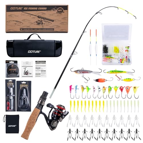 Goture Ice Fishing Rod and Reel Combo with Carry Bag, 24''Medium Spinning Ice Fishing Pole, 58Pcs Jigs & Lures with Storage Box, Line,Fish Gripper, Pliers for Saltwater Freshwater Trout Walleye A2