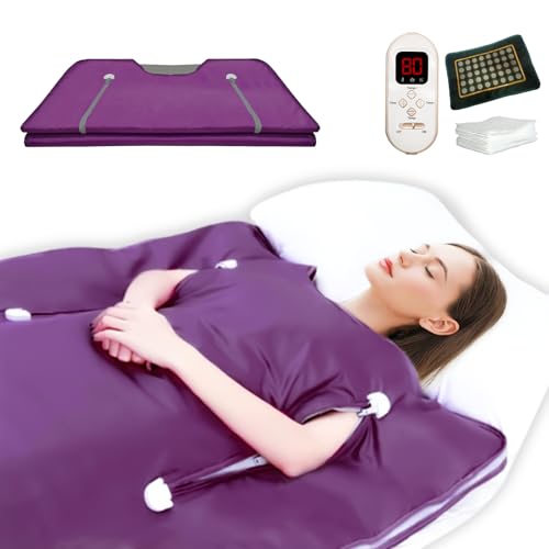 PINJAZE Natural Jade and Tourmaline Heat Far Infrared Sauna Blanket with Remote Control for Exercise Recovery Heating Detox 2-Zone Double Zipper Digital Display Portable Saunas for Home Relaxation