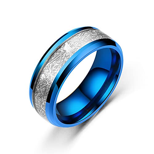 Meilord 8mm Royal Blue Silver Silk Inlay Ring for Men and Women Titanium Stainless Steel Wedding Band Anniversary Engagement Promise Rings