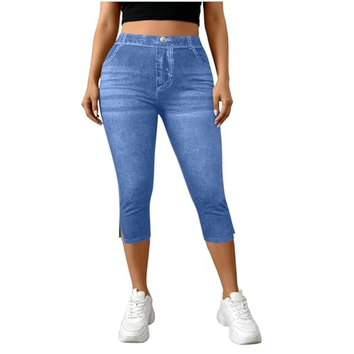 AKTCVVJ Women's Jeans Tummy Control Elastic Waist Capri Pants Lightweight Capri Jeans Summer Vacation Pants with Pockets Dark Blue