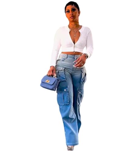 MIAOMIAOWU Women's Work Jeans, Y2k High Waist Wide Leg Jeans, Multi-Pocket Design Pants, Gradient Blue