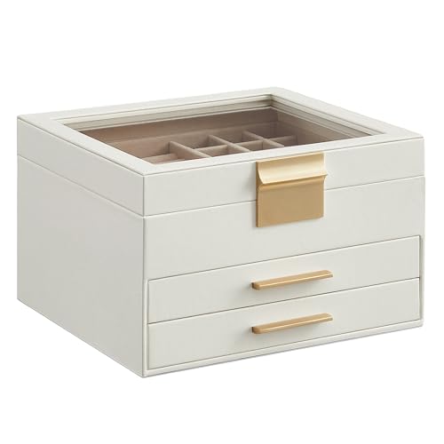 SONGMICS Jewelry Box Organizer, 3-Layer Storage with 2 Drawers, Glass Lid