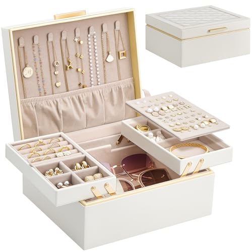 Lolalet Jewelry Box for Women Girls, 2 Layer Jewelry Organizer -Cream