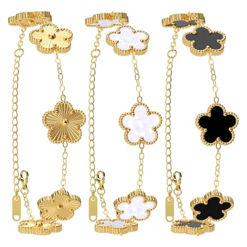 AICase 18K Gold Plated Clover Bracelet Dupes Gold/White/Black Bracelet Set for Women Flower Leaf Lucky Clover Bracelets Trendy Jewelry Birthday Gifts for Women/MoM/Friends