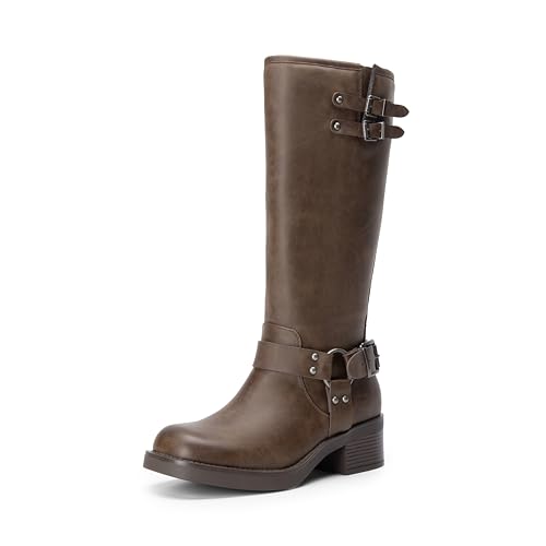 DREAM PAIRS Women's Moto Knee High Boots,Brown-Nubuck,8
