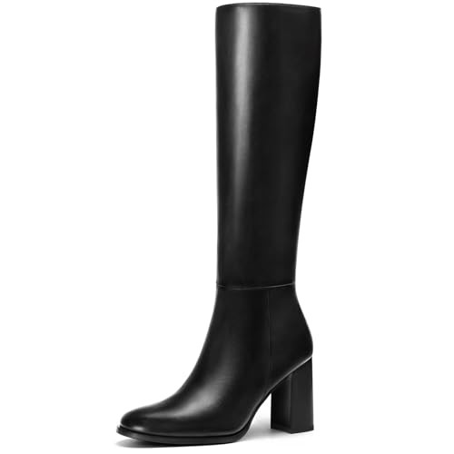 Lumeheel Women Knee High Boots - Round Toe Chunky Heel Tall Boots with Side Zip, Fashion Long Gogo Boots for Fall Winter, Black, Size 8
