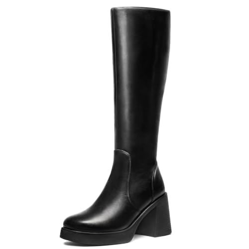 Choiran Knee High Boots for Women - Platform Chunky Square Toe Tall Boots with Block Heeled Side Zipper, Fashion Long Gogo Boots for Spring Fall