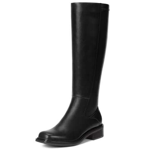 Black Knee High Boots for Women - Low Heel Square Toe Tall Boots with Side Zipper, Comfortable Long Boots for All-day Wear Spring Fall, Size 8
