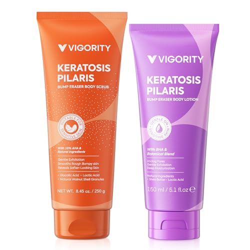 KP Bump Eraser Body Scrub & Keratosis Pilaris Lotion Set with 10% AHA + BHA – Strawberry Legs Treatment for Women & Man - Exfoliates & Deeply Hydrates for Smoother Healthy-Looking Skin