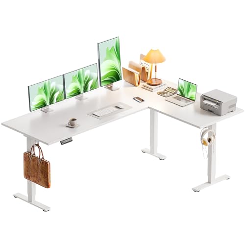 Casaottima 63 Inch Electric L-Shaped Standing Desk, Reversible Corner Desk with Height Adjustment, Large Ergonomic Workstation for Home Office, Reception Room, White