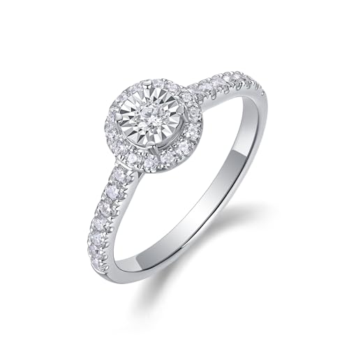 Sytaehi Sterling Silver Round Halo Lab Grown Diamond Engagement Ring, Pave Band Size 8