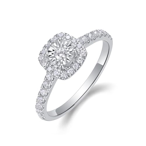 Sytaehi Sterling Silver Square Shaped Halo Lab Grown Diamond Engagement Ring, Pave Band Size 6