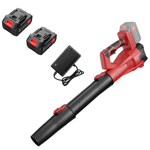 21V Cordless Leaf Blower, 600CFM 150MPH 6 Speed Modes, 2×3.0Ah Batteries & Charger, Handheld Lightweight Electric Blower for Lawn Yard Patio Leaves Dust Snow Red US Plug