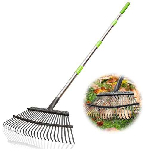 Adjustable 65 Inch Long 18 Inch Wide Garden Rake, 25 Tines Metal