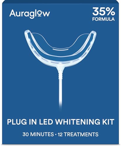 Auraglow Plug-in LED Teeth Whitening Kit – Wired Light Device – 35% Carbamide Peroxide Gel – 12 Treatments