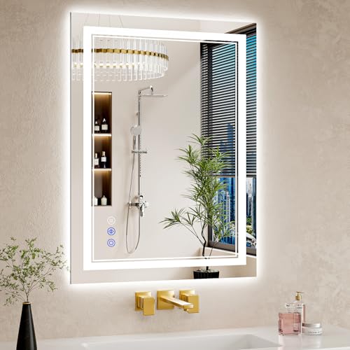 WISSMIELS 24"x32" LED Bathroom Mirror with Lights, Anti-Fog, Backlit + Front Lit, Dimmable, Led Vanity Mirror for Wall, Lighted Bathroom Mirror, 3 Colors, Shatter-Proof Tempered Glass