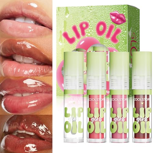 KIMIEYE 4 Pack Hydrating Glow Lip Oil Set, Moisturizing Lip Gloss, LIGHT