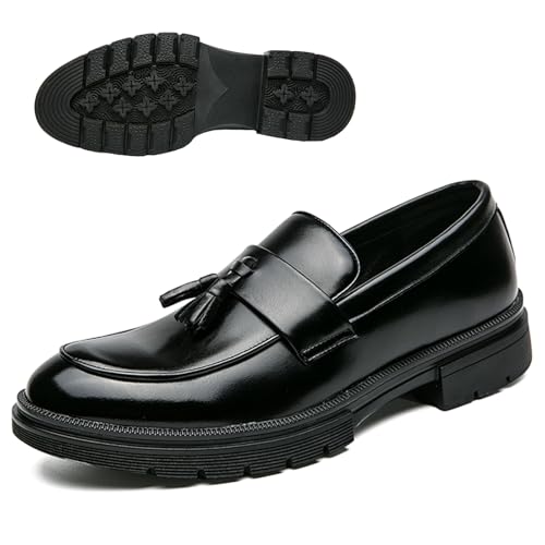 Men's Fashion Tassel Platform Loafers Comfortable Wide Round Toe Slip on Lug Sole Low Block Heel Business Dress Shoes (Black,11)