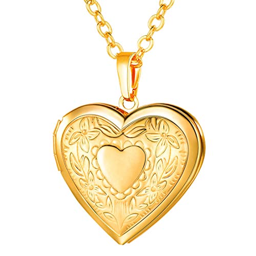 U7 Gold Heart Locket Necklace for Women, Custom Photo Pendant Necklace Gift