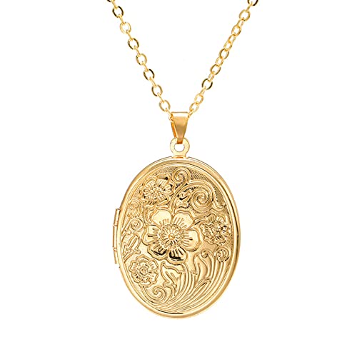 Caiyao Vintage Engraved Flower Empaistic Photo Locket Hold Picture Oval Round Pendant Necklace Antique Carved Pattern Souvenir Memorial Clavicle Jewelry for Women-gold