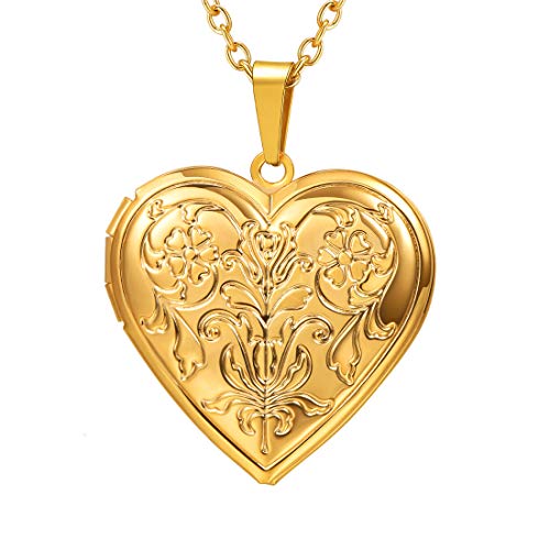 U7 Heart Locket Necklace with Flower, 14K Gold Plated Photo Locket Chain