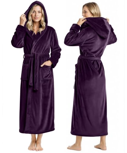 NY Threads Premium Womens Robe with Hood, Plush Fleece Long Bath Robe for Women, Fluffy Soft Women's Bathrobe, Large, Plum