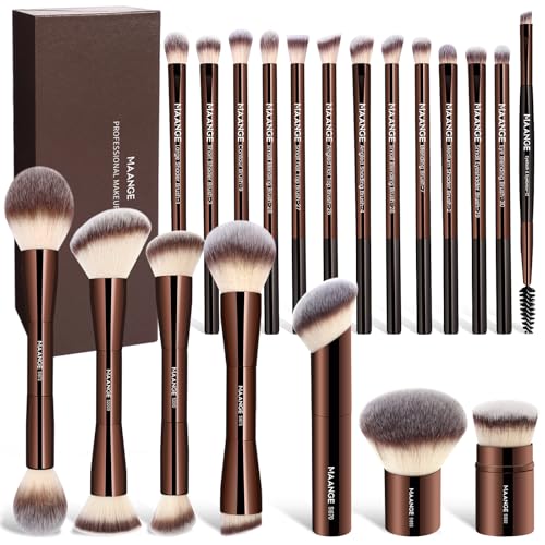 MAANGE 20 Pcs Makeup Brushes with Gift Box, Double-End Multi-functional Makeup Brushes for Blending Liquid Powder Concealer Cream Blush Buffe,CoffeeBrown