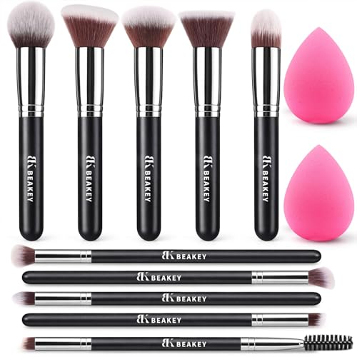 BEAKEY Makeup Brushes set with 2 Blending Sponges,10 Brush Face and Eye Set
