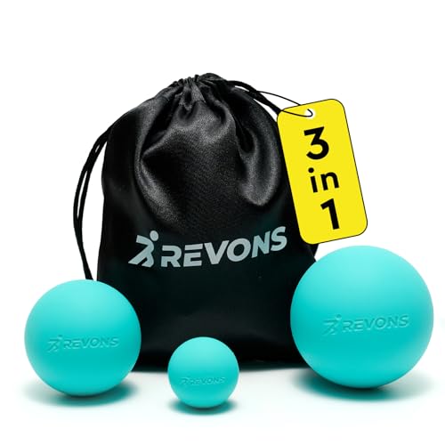 REVONS 3 in 1 Massage Ball Set - Lacrosse Balls for Myofascial Release, Back Pain Relief, Face Fitness, Trigger Points, Yoga, Physical Therapy, Muscle Recovery and Soft Deep Tissue Massage (Turquoise)