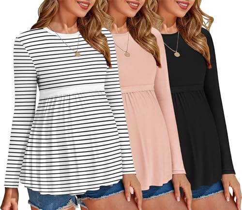 Ekouaer Maternity Shirts 3 Pack Pleated Long Sleeve Tops Pregnancy Clothes