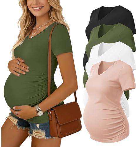 Ekouaer Maternity Shirts 4 Pack V Neck Pregnancy Clothes Summer Tops Tshirt