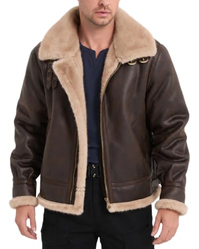 Mifidy Bomber Leather Jacket Men Cosplay Shearling Flight Coat Brown M