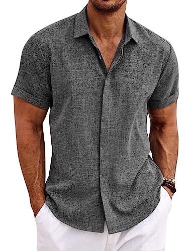 COOFANDY Men's Linen Wedding Shirts - Short Sleeve, Button Up, Casual, Relaxed-Fit Dark Grey