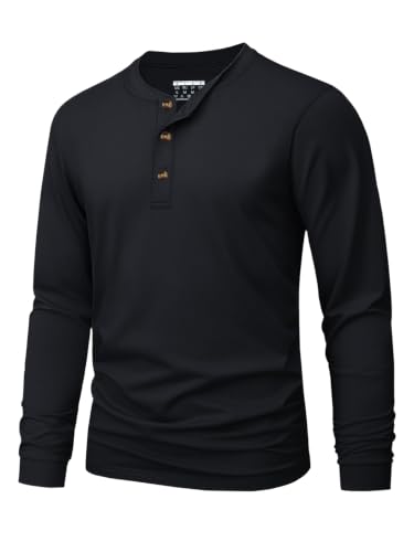 MAGNIVIT Mens Long Sleeve Henley Shirt Cotton T-Shirts Basic Tops Black L