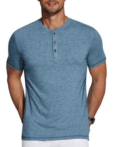 COOFANDY Men's Henley Short Sleeve Shirts Casual Basic Tee Classic Solid Button Henley Shirts Dark Blue