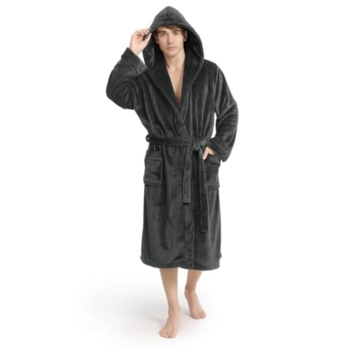Yurhap Hooded Mens Robe, Cozy Fleece Bathrobe for Men, Plush Robe with Belt