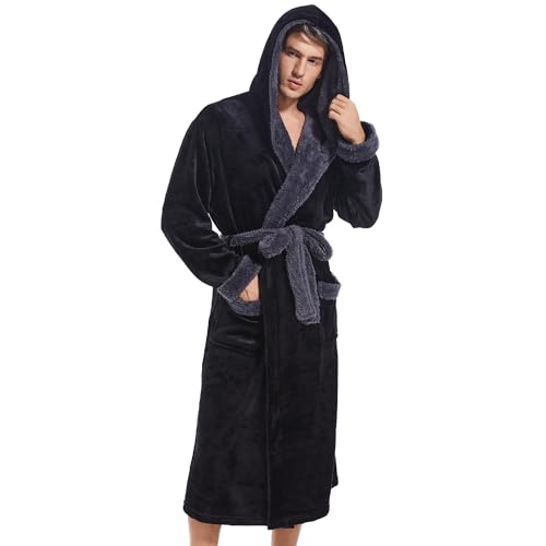 Inner Wish Mens Hooded Robe, Plush Long Highly Absorbent Bath robes Cozy Warm Bathrobe Fuzzy male Spa Robe With Pockets, BLACK+DARK GREY, L/XL