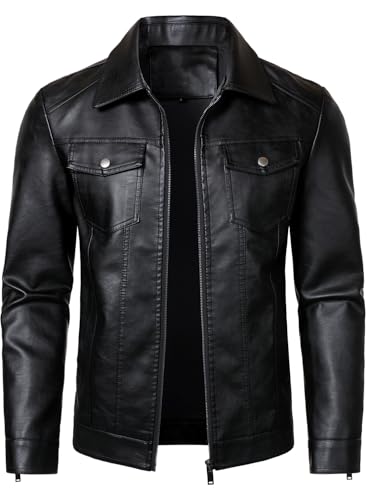 HOOD CREW Mens Leather Jacket Motorcycle Biker Jackets Casual Lightweight Faux Leather Outwear Black M