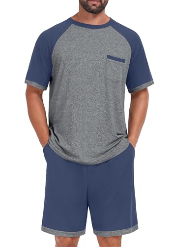 NUOKESASI Mens Pajamas Set Shirt and Shorts Lightweight Summer Sleepwear