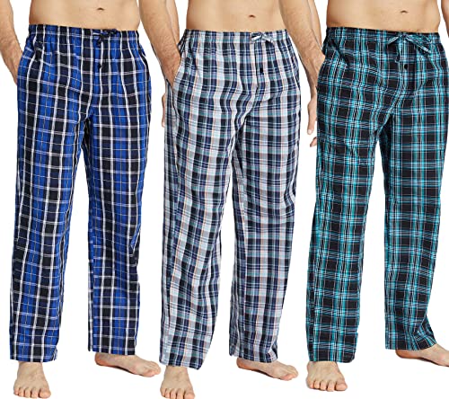 JupiterSecret Mens Pajama Pants Set Cotton Lightweight Plaid Sleep & Lounge 3-Pack PJ Bottoms with Pockets and Button Fly