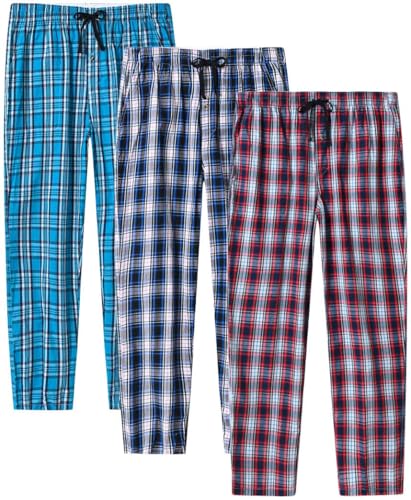 MoFiz Mens Pajamas Pants Cotton Lightweight Plaid Sleep Lounge Pant 3Pack L