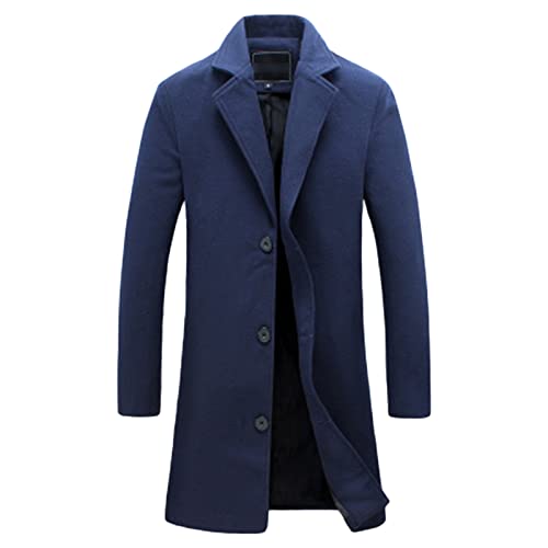 Maiyifu-GJ Men's Slim Winter Wool Blend Coat Single Breasted Business Long Pea Coats Notched Lapel Trench Jacket Overcoat (Dark Blue,4X-Large)