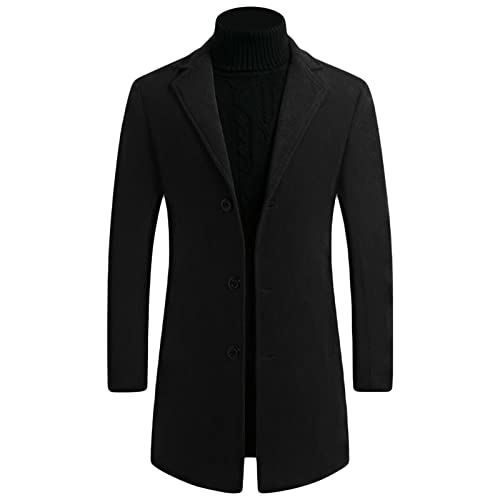 Maiyifu-GJ Mens Wool Blend Trench Coat Mid-Length Notched Collar Long Top Pea Coats Business Single Breasted Jacket Overcoat (Black,Medium)