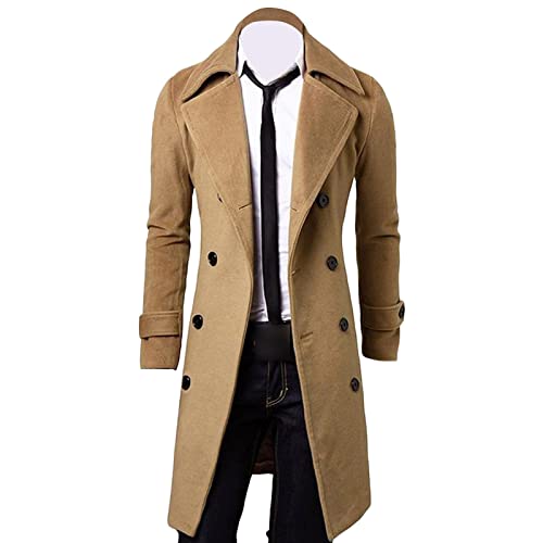 Maiyifu-GJ Mens Wool Blend Double Breasted Overcoat Winter Slim Fit Long Trench Coat Classic Lightweight Business Pea Jacket (Camel,4X-Large)