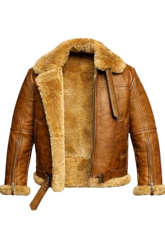 Hifa Man's RAf Aviator B3 Pilot Military Bomber Flight Shearling Brown Real Sheep Skin Winter Warm Leather Jacket