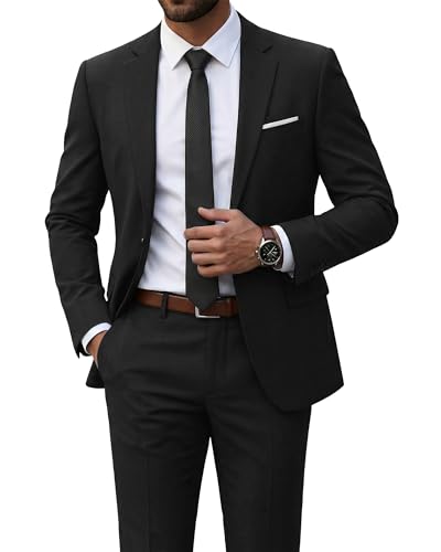 YND Men's Slim Fit 2 Piece Suit, One Button Jacket Pants Set with Tie, Solid Party Wedding Dress Blazer, Tux Trousers, Black XL