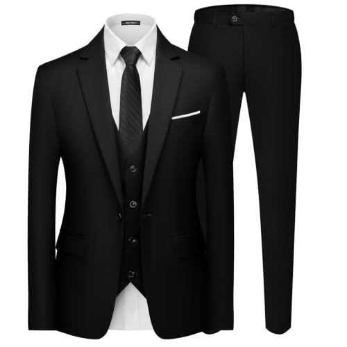 MAGE MALE Men's 3 Pieces Suit Elegant Solid One Button Slim Fit Single Breasted Party Blazer Vest Pants Set. Black